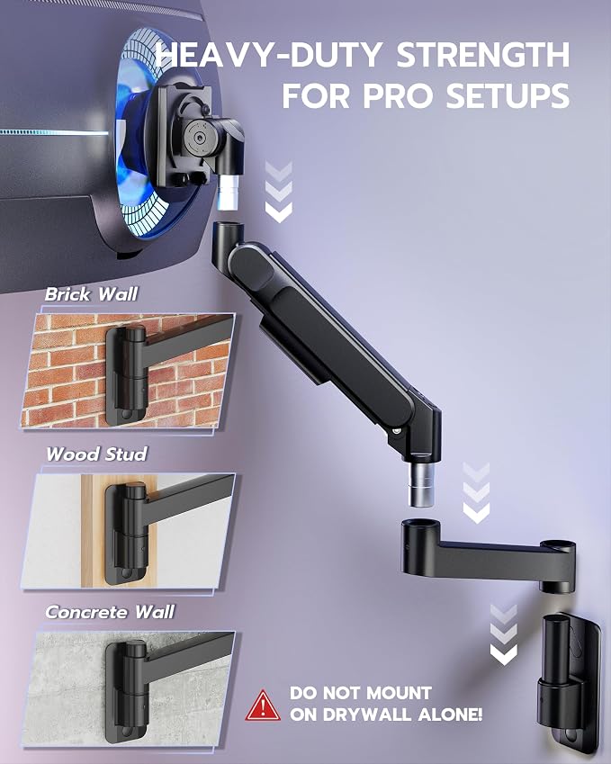 ARES WING Monitor Wall Mount for 24-57 Inch Ultrawide Screen, Black | Premium Heavy Duty Gaming Monitor Arm for 60 lbs, Full Motion Gas Spring, Bearing Head for Easy Adjustment, 75/100 VESA Mount - Image 7