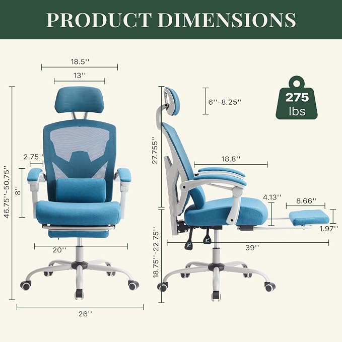 Ergonomic Office Chair with Footrest, Computer Gaming Chair | Adjustable Headrest, Lumbar Support, Swivel Reclining, Padded Armrest, Mesh High Back, Home Desk Work Study, Blue - Image 3