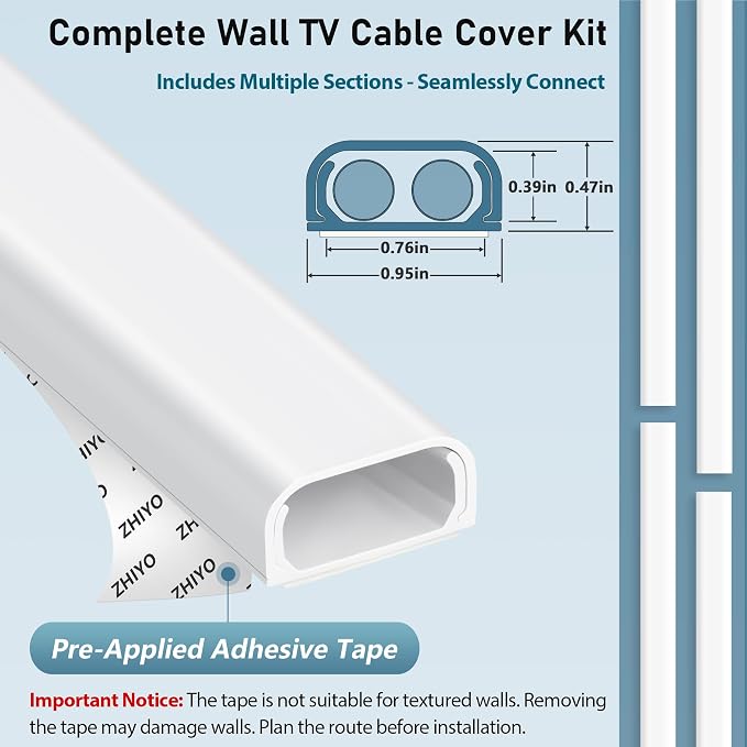 ZhiYo 73" Cord Covers for Wires on Wall, White Cord Hider, 0.95" W x 0.47" | Fits 2-3 Cords, Premium Paintable Raceway for Wall-Mounted TV, Self-Adhesive Wire Hider for Extension Cords & Ethernet Cables - Image 4