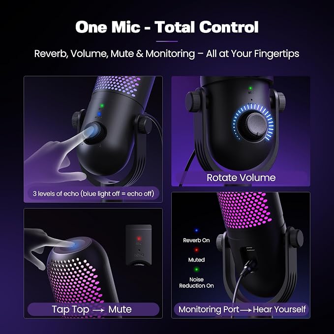 USB Microphone for PC Gaming: Condenser Microphone RGB for Gamer with Stand Mic - Recording Mic for Computer&Laptop with Qiuck Mute - Desk Podcast Mic for Podcast & Singing & Streaming & Youtube Black - Image 4