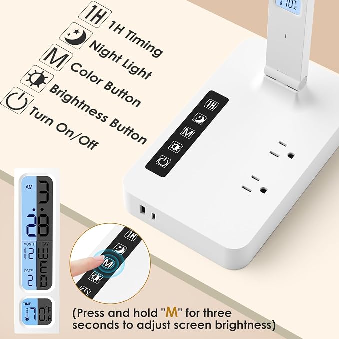 Infiway Desk Lamp with USB Charging Port: LED Desk Lamps for Home Office - 1 Type-C, 1 USB-A Charging Port, 2 AC Power Outlets - Touch Control Dimmable 5 Color 5 Brightness - Image 3