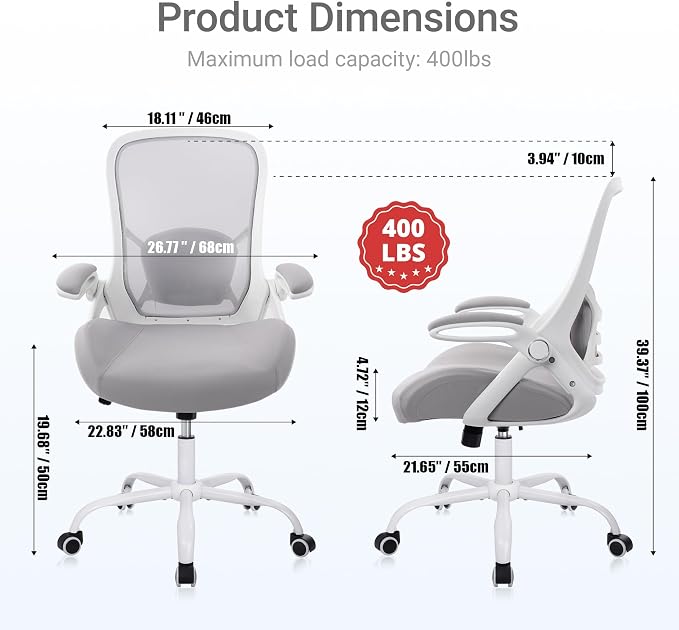 400lbs Heavy Duty Office Chair, Computer Desk Chair Grey | Office and Home, 5" Thickened Seat, Ergonomic with Adjustable Armrests, Mesh Executive Chair - Image 3
