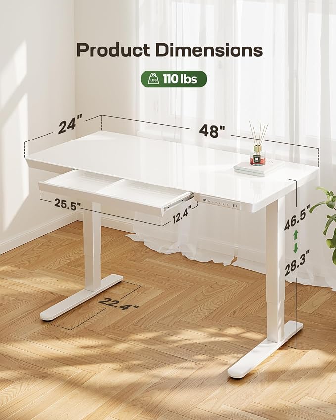Marsail Glass Standing Desk with Drawer, 48 x 24 inch Electric Standing Desk, Height Adjustable Desk with One-Piece Tabletop & USB Charging Ports, Sit Stand Desk with Storage for Home & Office White - Image 2