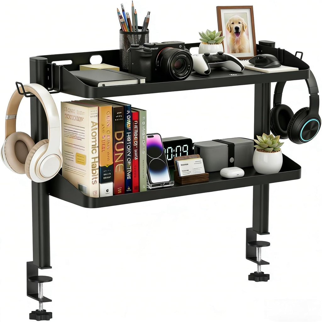 Clamp on Desk Shelf, 24in 2-Tier Office Desk Shelves Organizer, Shelf for Top of Desk with Headphone Holder and Hooks, Desktop Storage Rack for Home Workspace, Study Rooms, Gaming Accessories by DEARPER