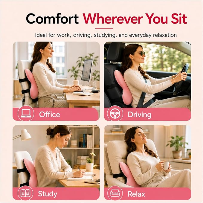 Memory Foam Lumbar Support Pillow,Back Support for Office Chair,Back Pillow for Chair,Ergonomic Lower Back Cushion for Desk Chair,Computer Chair,Gaming Chair and Car Seat,Washable Cover(Pink) - Image 3
