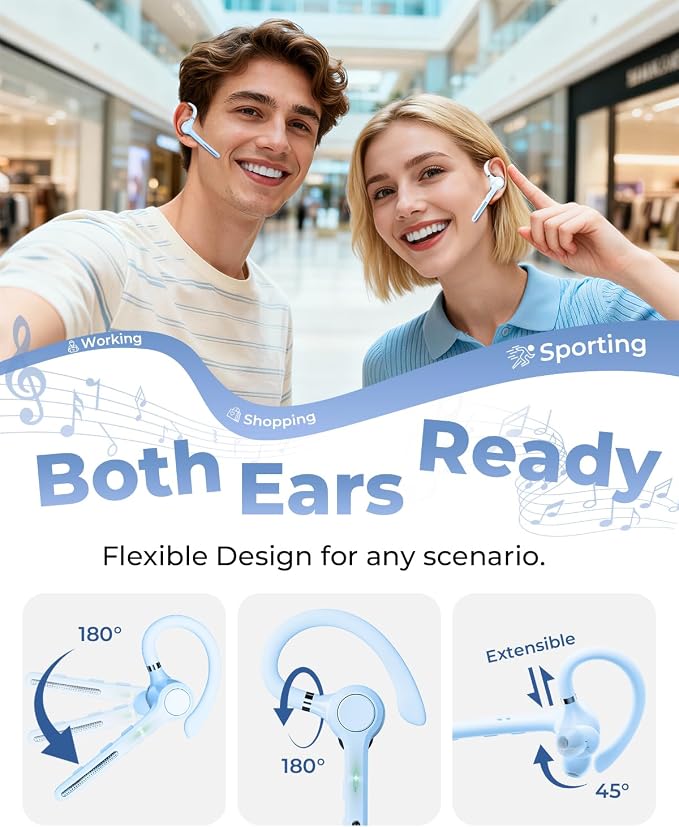 Ngsod Bluetooth Headset V5.4,USB Dongle Wireless Earpiece with Mic for Work | 500mAh Charging Case,50H Talk Time,Dual connect & Mute,ENC Noise Cancelling Lightest Headphones for Work Trucker,Light Blue - Image 6