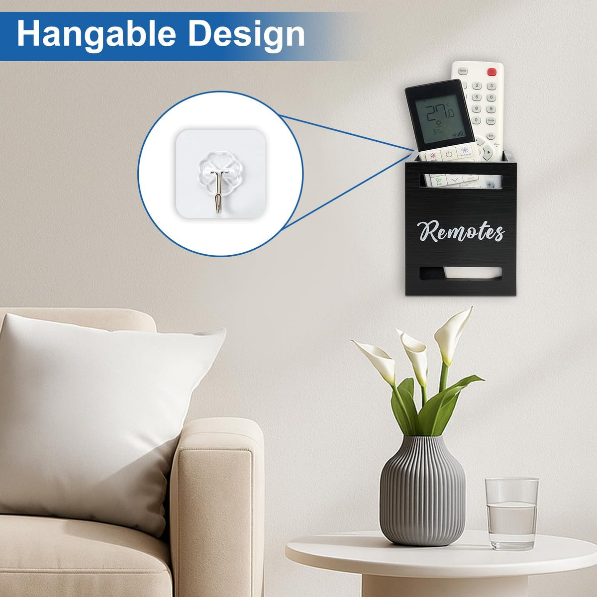 Black Wooden Table Remote Holder Wall Mount Nightstand TV Controller Caddy - Image 3
