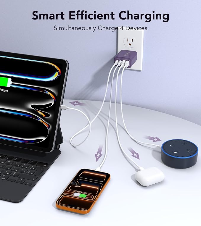 [2-Pack] 40W USB C Charger Block, 4-Port Type C Fast Charging Brick Dual PD&QC Wall Plug Adapter Power Brick for iPhone 13/14/15/16/17 Pro Max Plus/iPad/Airpods/iwatch/Samsung Galaxy (Purple) - Image 2