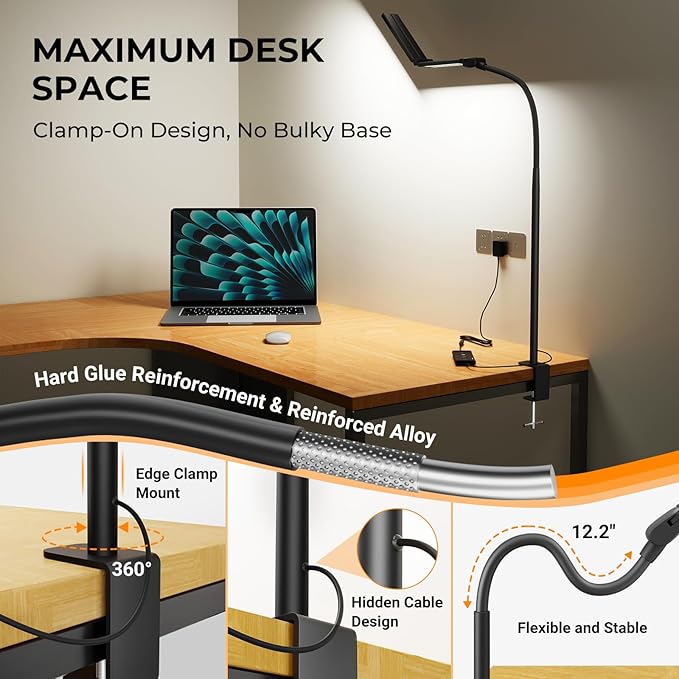 LED Desk Lamps for Home Office, Adjustable Swing Arm Desk Lamp with Clamp | Gooseneck Tall Clip on Desk Light for Sewing,Reading,Draw,Workbench,Study,Puzzle,Craft,Monitor,Architect,Computer,Task - Image 4