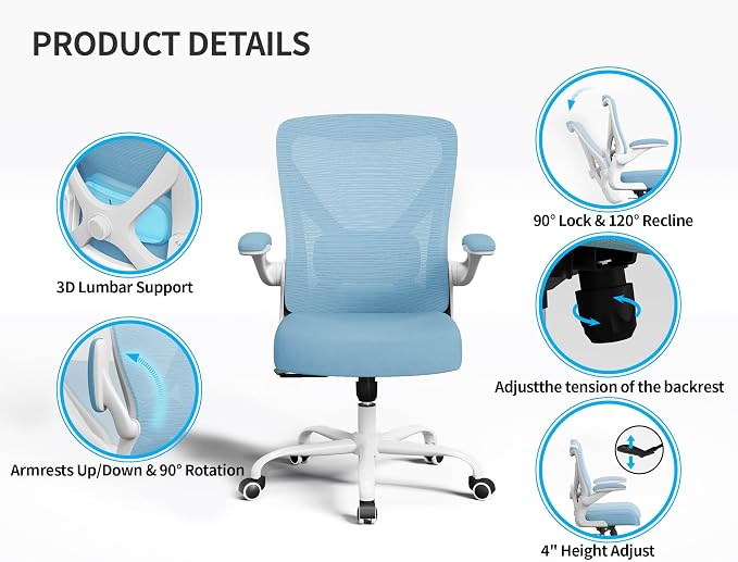 Office Chair: Mesh Ergonomic Desk Chair with 3D Lumbar & Swivel | 330LBS Computer Chair-Executive Task Work Chairs with Flip-up Arms Home Office Desk Chairs Gaming Chair for Long Hours(Blue) - Image 5