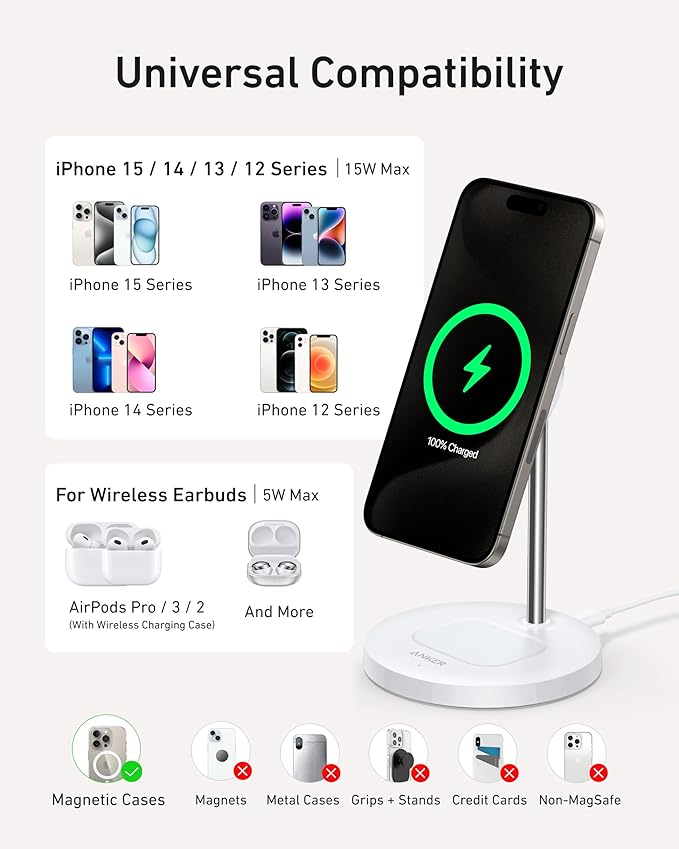 Anker MagGo 2-in-1 MagSafe Compatible Qi2 15W Wireless Charging Stand | Qi2 Certified, Fast Charging, Wireless Charger for iPhone 17, AirPods Pro, and More (White, 40W Adapter Included) - Image 6