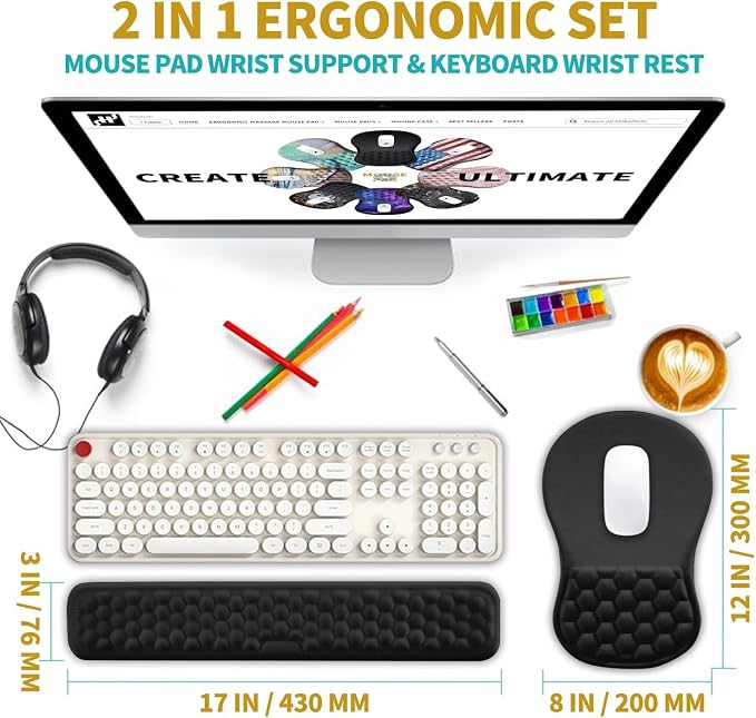 Hokafenle 2 in 1 Ergonomic Mouse Pad Wrist Support & Wrist Rest for Computer Keyboard Set, with Relieve Carpal Tunnel Pain Massage Bulge and Full Memory Gel Design (2In1 Set, Black) - Image 2