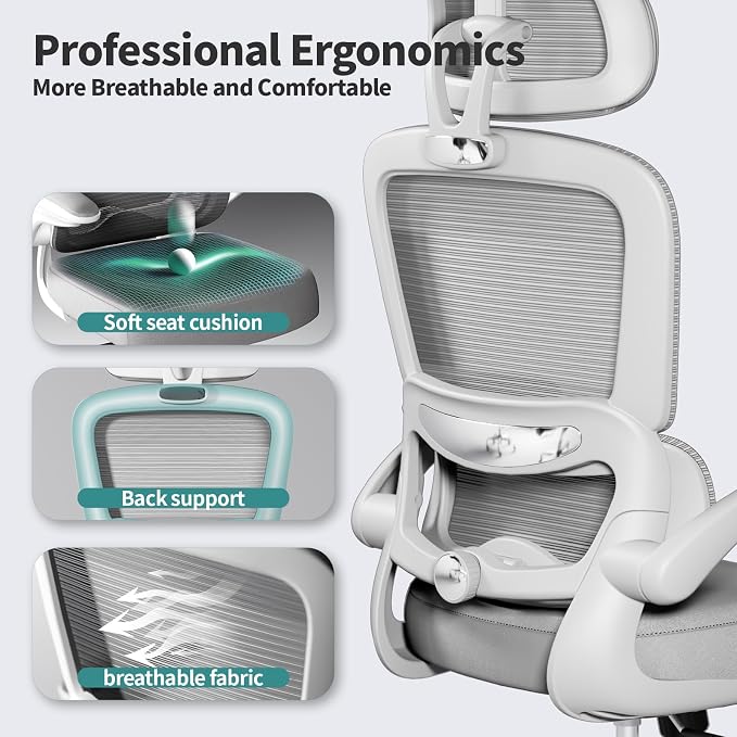TRALT Office Chair Ergonomic Desk Chair - Gaming Chair with Lumbar Support | 330 LBS Home Office Desk Chairs with Headrest, Reading Chair with Flip-up Armrests, Comfortable Computer Chairs (1, Grey) - Image 3