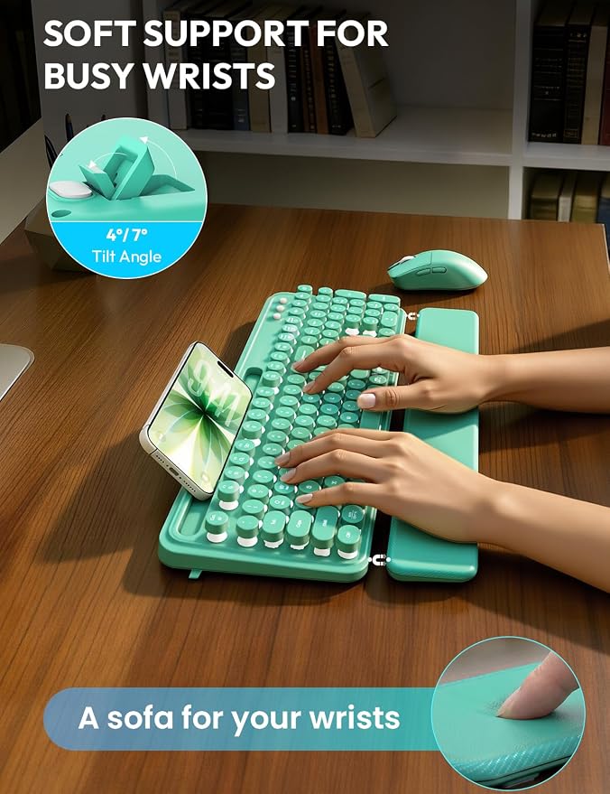 Wireless Keyboard and Mouse, Backlit Typewriter with Magnetic Wrist Rest | Phone Holder, Light Up Round Keycaps, Lighting Mouse, 2.4GHz Cordless Set for Mac, Windows, PC, Laptop, SABLUTE - Image 3