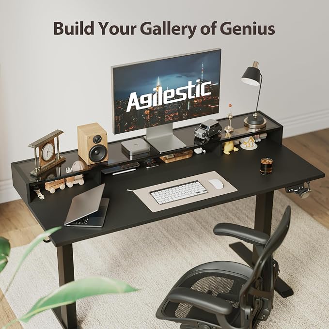 Agilestic 48 * 24 Inch Electric Standing Desk with Glass Shelf, Black | Electric Height Adjustable, 2 Storage Drawer, Monitor Stand, Sturdy Steel Frame, Memory Presets, Hooks, 154 lbs, Splice Board - Image 5
