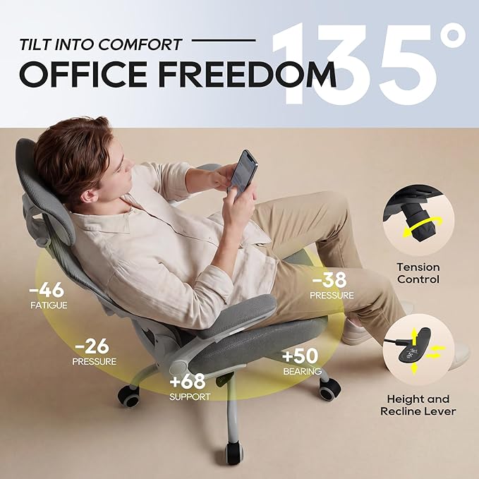 Ergonomic Office Chair for Long Hours, Adjustable Padded Lumbar Support for Lower Back Relief, 330 lb Capacity, Comfortable Computer Desk Chair for Home Office, Work & Study - Image 3