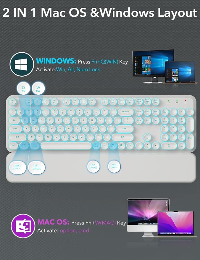 Wireless Keyboard and Mouse Backlit - Typewriter, Magnetic Wrist Rest | Retro Round Keys, Light Up Letters, 2.4GHz Cordless Combo for Mac, Windows, PC, Laptop, Trueque CK23Pro [Upgraded] - Image 8