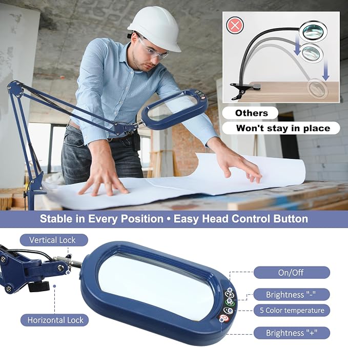 14.35" Large Magnifying Glass with Light and Clamp, Real Glass, 5 Color Modes, Stepless Dimmable, Lighted Magnifier with Stand Hands Free, LED Swing Arm Desk Lamp for Close Work, Craft, Blue - Image 4
