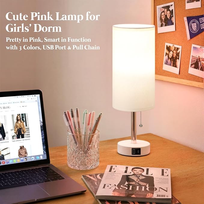 White Bedside Table Lamp for Bedroom - Small Nightstand Lamp for Girls | 3 Color Temp, USB A+C Ports, LED Bulb Included, Soft White Fabric Shade, Matte White Metal Base, 14" Desk Lamp for Kids Dorm - Image 2