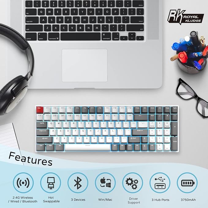 RK ROYAL KLUDGE RK100 Wireless Mechanical Keyboard RGB Backlit Bluetooth5.1/2.4G/Wired 96% Full Size 100-Key Hot Swappable Gaming Keyboard Red Switch Classic - Image 8