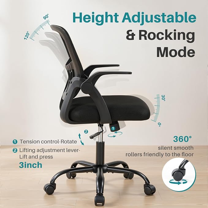 OLIXIS Ergonomic Office Desk Chair, Mid-Back Executive Computer Chair | Flip-up Armrest, Rocking Mode, Height Adjustable, 360° Rolling Swivel Adults, Student, Black - Image 4