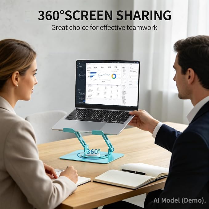 SOUNDANCE 360 Rotating Laptop Stand, Ergonomic Computer Riser for Desk, Adjustable Height Multi-Angle Metal Holder, Foldable Portable Notebook Elevating Base for Office & Home, Blue - Image 2