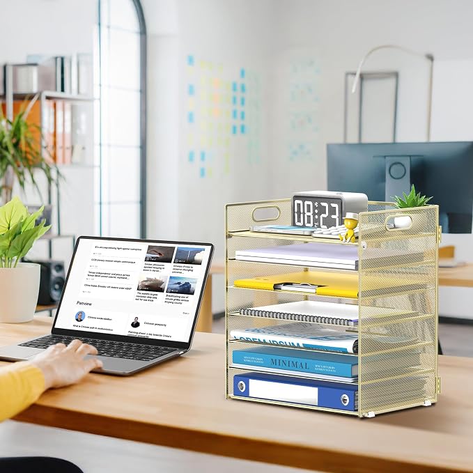 7 Tier Paper Organizer for Desk with Mesh Letter Trays and Handle Gold | Desk File Organizer with Handle for Sorting Papers, Files, Folders, Mail, Bills and Office Supplies - Image 7