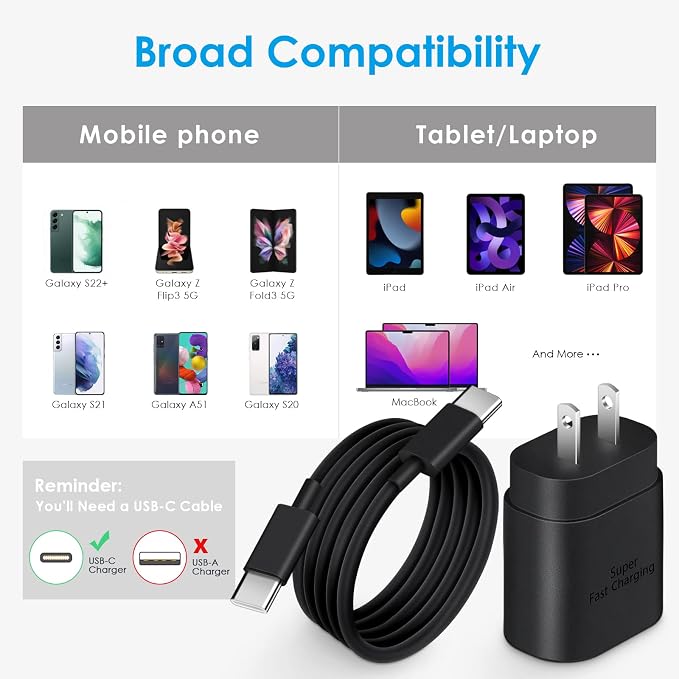 25W Type C Charger Fast Charing for S26/S25/S24 [PD PPS Compatible] | USB-C Power Adapter with 6Ft C-to-C Cable, for Galaxy S25/S24/S23/S22, Pixel 9/8/7, Z Flip 6/5, iPhone 17/16/15 & More - Image 7