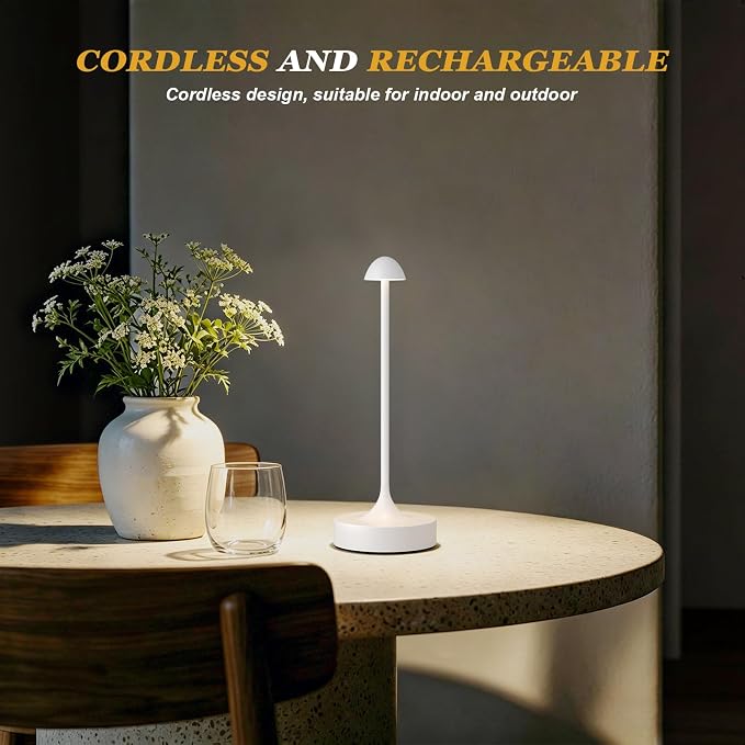 Kakanuo Rechargeable Cordless Table Lamp, Battery Operated Lamps, 3-Color Stepless Dimming, Portable Wireless Desk Lamp, LED Lighting for Dining Room, Restaurant, Office, Bar, Home(White 2 Pack) - Image 2