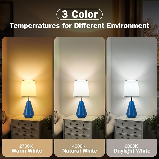 Small Bedside Table Lamp for Bedroom-Reading Desk Lamp Set of 2,with 3 Color Temperatures,15.5" Nightstand Ceramic Lamp with Fabric Shade for Kids Room,Living Room,Dorm,Home Office(Blue+White) - Image 2