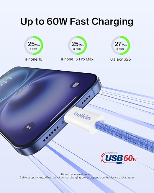 Belkin USB C to USB C 60W Braided Cable 2 Pack, 9.9ft iPhone Charger Cord | iPhone 15/16/17, Samsung Galaxy S26, Pixel 10, Airpods, iPad, Nintendo Switch 2, MacBook, Steam Deck, Travel, Chromebook - Image 2