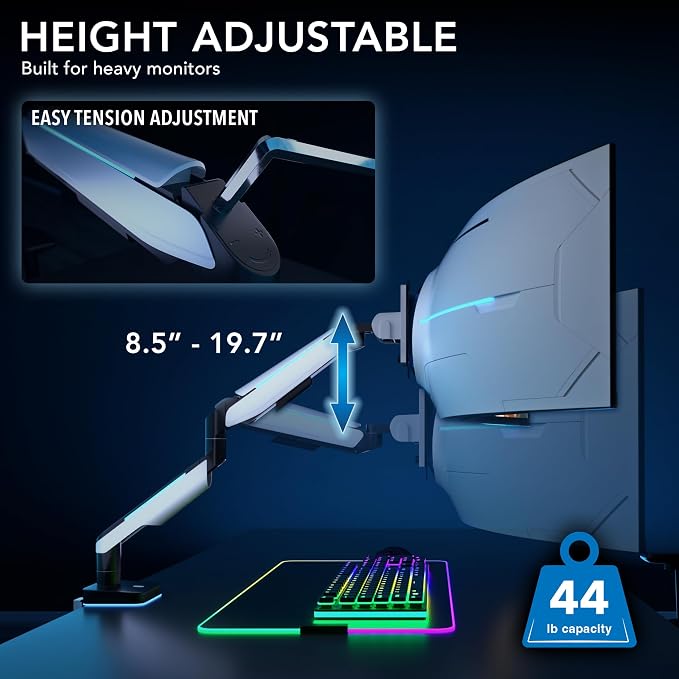 Mount-It! Heavy-Duty Ultrawide Monitor Arm up to 49”, 44 lb Capacity, Desk Mount for Curved & Widescreen Monitors, Compatible with Samsung Odyssey G9, Gas Spring, RGB Lighting, VESA 75x75 & 100x100 - Image 6