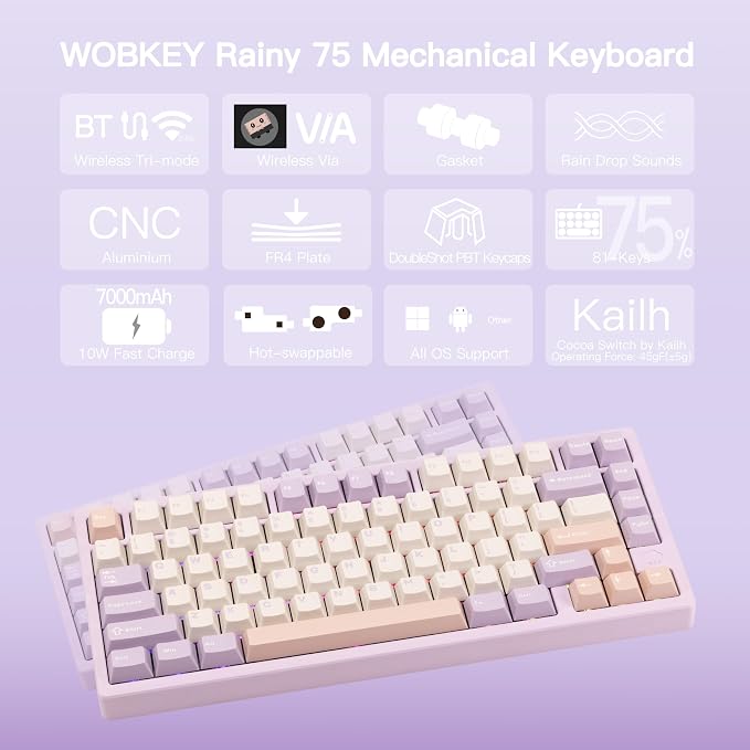KEEBMONKEY WOBKEY Rainy 75 CNC Aluminum HMX/JWK/Cocoa Switches Triple-Mode Connectivity Mechanical Keyboard with Superior Acoustics, RGB/FR4/Silver SUS304/7000mAh/Cocoa Switch (Pro - Purple) - Image 2