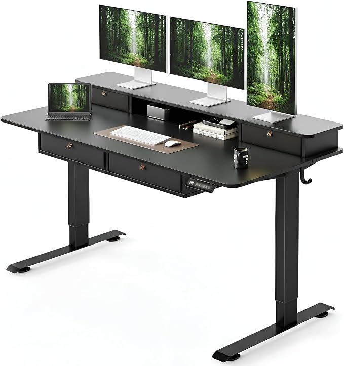 CubiCubi 60" x 30" Standing Electric Desk with Drawers, Black | Height Adjustable Workstation, Computer Sit Stand Up Office Table with Large Storage Shelf, 4 Drawers and 2 Hooks by CubiCubi