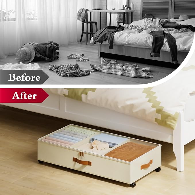 Yecaye Under Bed Storage with Wheels, 4 Pack Under Bed Storage Containers with Adjustable Dividers & Clear Window, Rolling Underbed Organizer Bins Drawers for Clothes, Shoes, Blankets, Beige - Image 8