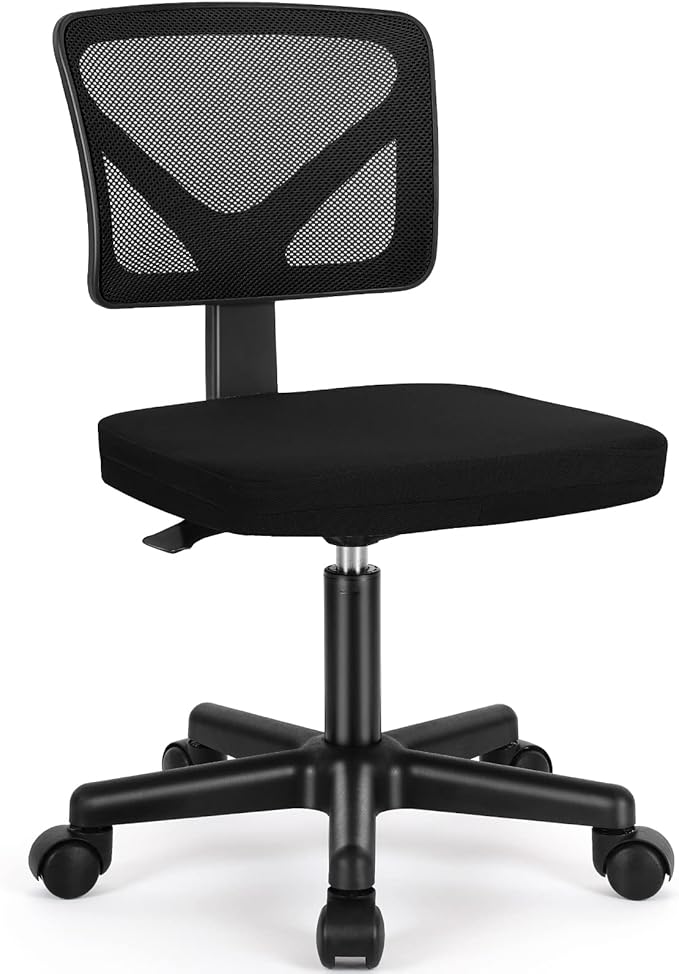 Sweetcrispy Small Armless Desk Chair, Mesh Rolling Office Chairs | Adjustable Ergonomic Lumbar Support, Low-Back, Swivel Wheels, Home Work, Bedroom, Study, Student, Adults, Classic Black by Sweetcrispy