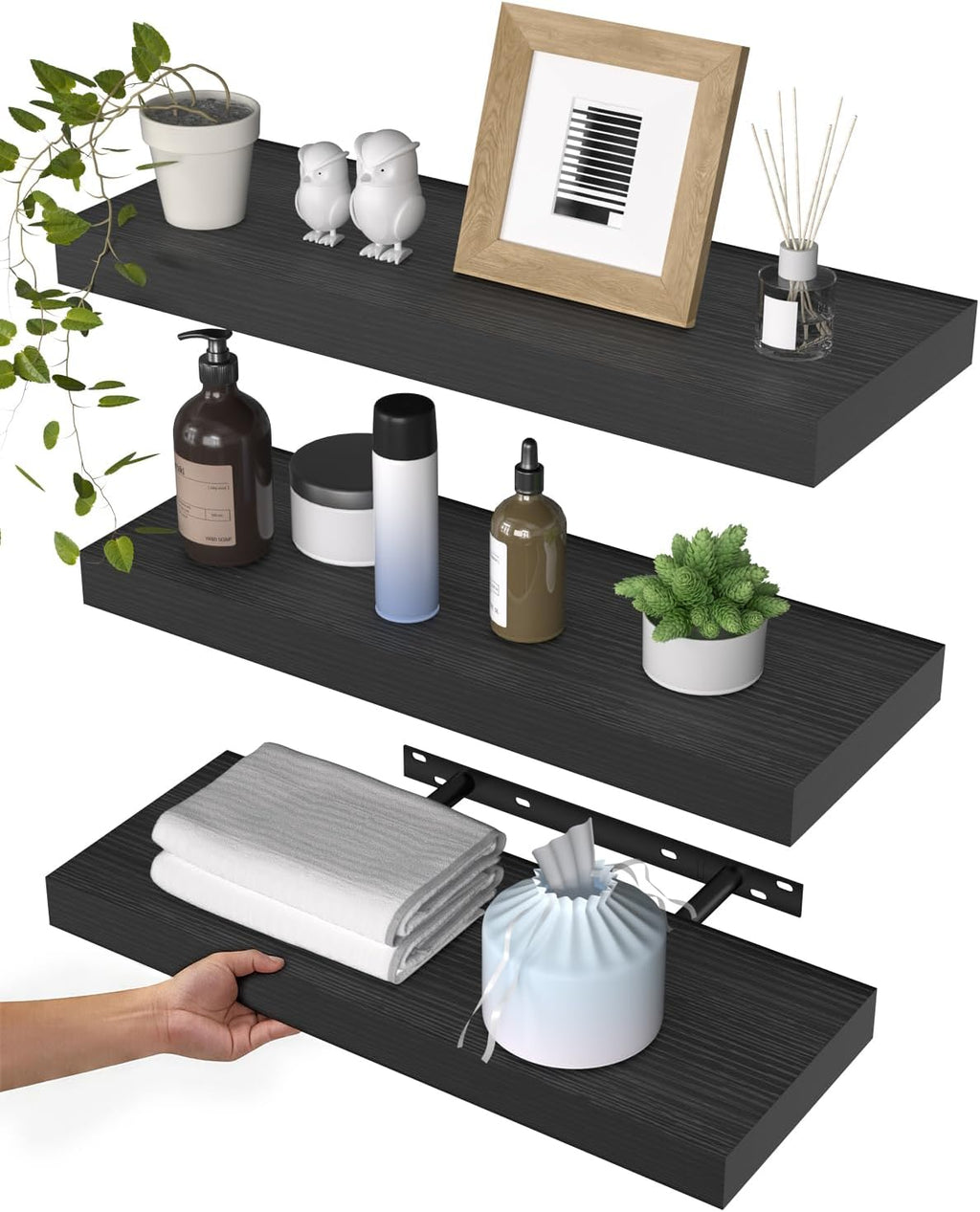 WALI Floating Shelves for Wall, 3 Tier Bathroom Storage Shelf Over Toilet, for Bedroom Bookshelf, Living Room Decor, Kitchen, Nursery, Laundry, Soundbar Floating Shelf Mount Under TV (CS103L), Black by WALI