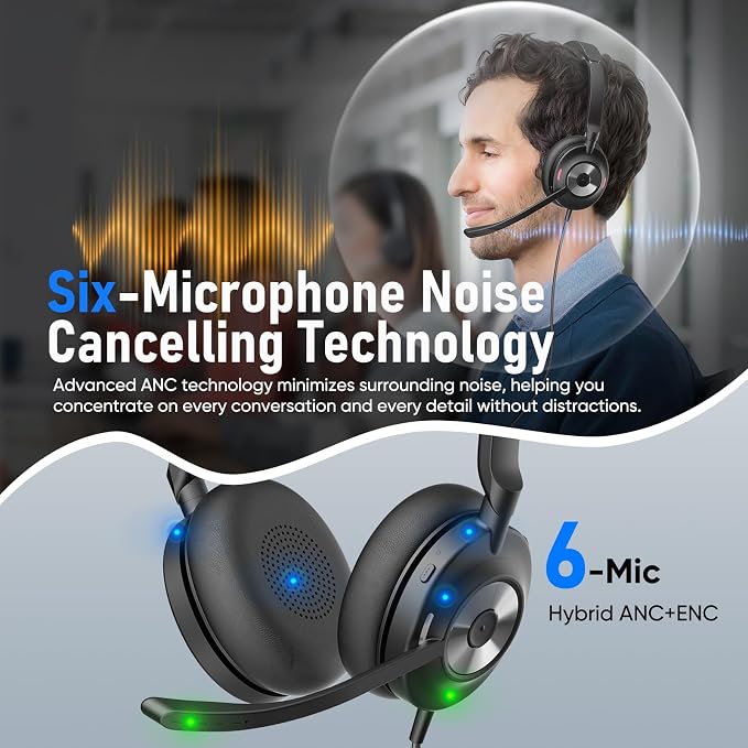 USB Headset with Microphone for PC, Active Noise Cancelling Headphones with ENC Noise Cancelling Mic, Wired Office Computer Headset with Mute for Call Center, Teams, Zoom - Image 2