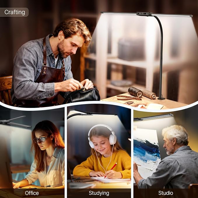 Syrinx LED Desk Lamp for Home Office, 18W 2000LM Dual Head Architect Lamp | Wide-Area Eye-Caring Lighting, Adjustable Gooseneck, Gesture & Wired Control, Memory & Timer, 50 Modes for Study & Crafting - Image 5