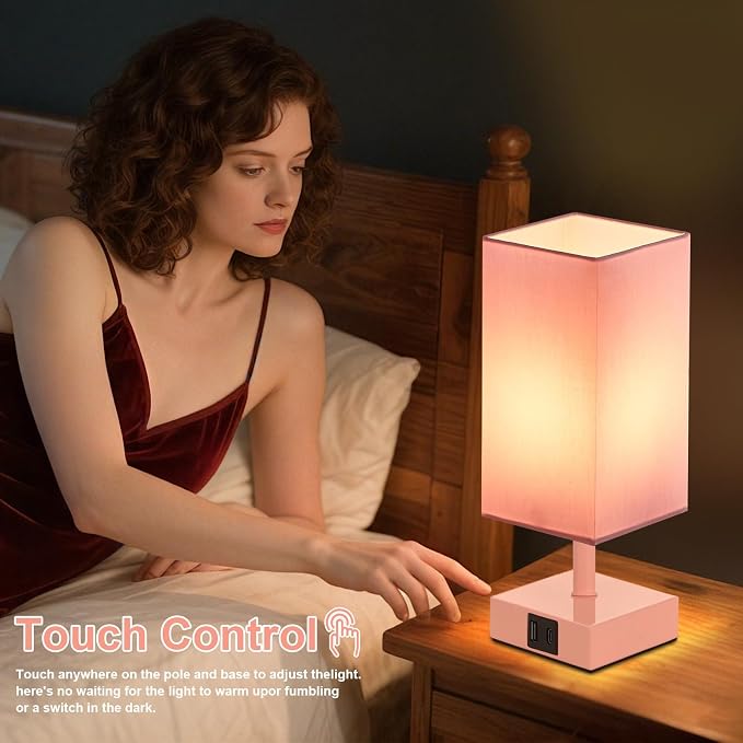 Touch Table Lamp for Bedroom - Dimmable, USB C+A, Pink Lamphade Pink Base | 3-Way Dimmable, 3000K LED Bulb Included, Square Lampshade, Cute Room Decor for Teen Girls, Kids, Small Lamp for Dorm, Nursery - Image 6