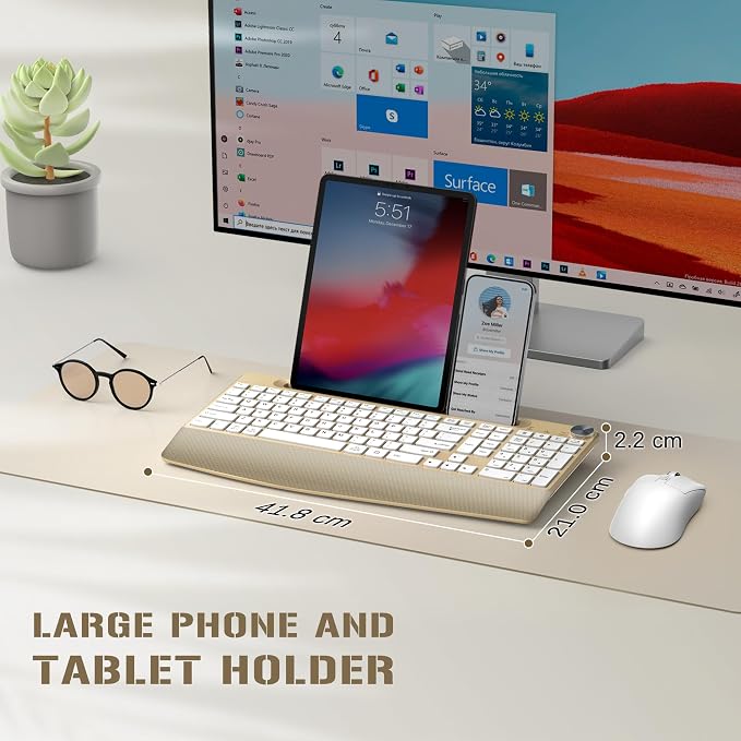 JOYACCESS Ergonomic Wireless Keyboard with Palm Rest & Tilt Angle, 2.4G Full-Size, Comfortable Typing, USB-C Adapter & Phone Holder for Mac/Windows -Gold White - Image 3