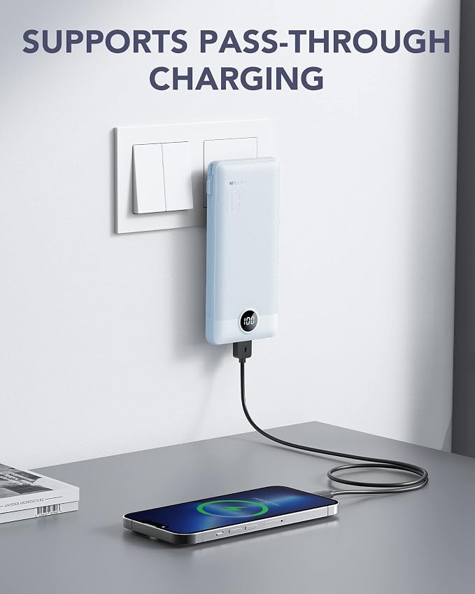 VRURC Portable Charger, Power Bank Built-in Cables and AC Wall Plug | USB C Power Bank 10000mAh, Travel Essentials Phone Charger Compact External Battery Pack For Smart Phones, Tablets etc-Blue - Image 2