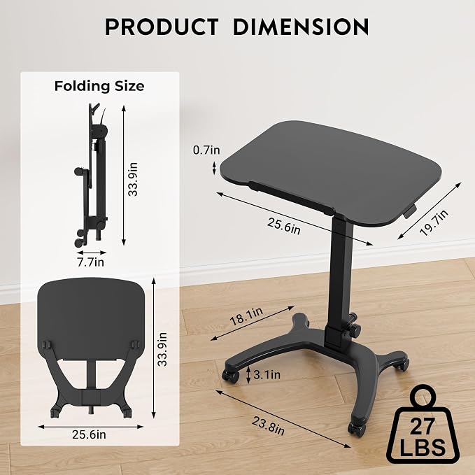 BONTEC Mobile Foldable Standing Desk, Gas Spring, 25.6 x 19.7 Inch, Black | Portable Adjustable Height Laptop Table with Wheels, Small Rolling Design for Home, Office, Bedroom and Medical Use - Image 2