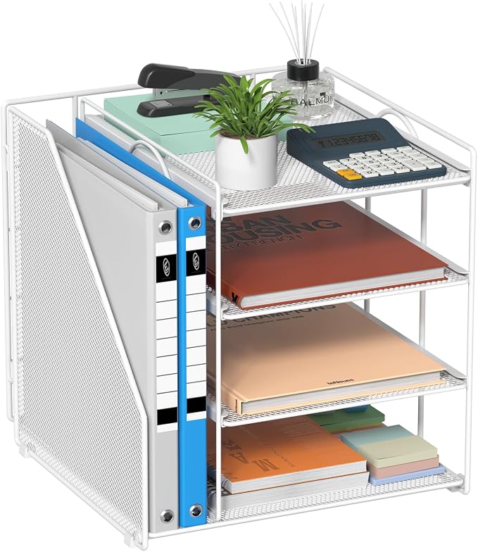 White Desk Organizer and Accessories, 4-Tier Paper Organizer for Desk, Office Accessories & Workspace Organizers and Desktop Storage for Office Supplies (White) by HOME