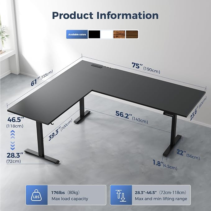 Klicelor L Shaped Standing Desk 75 x 61 Inch,Electric Height Adjustable Corner Desk with Cable Management & Power Outlets, Ergonomic Sit Stand Up Computer Table for Home Office,Black - Image 3