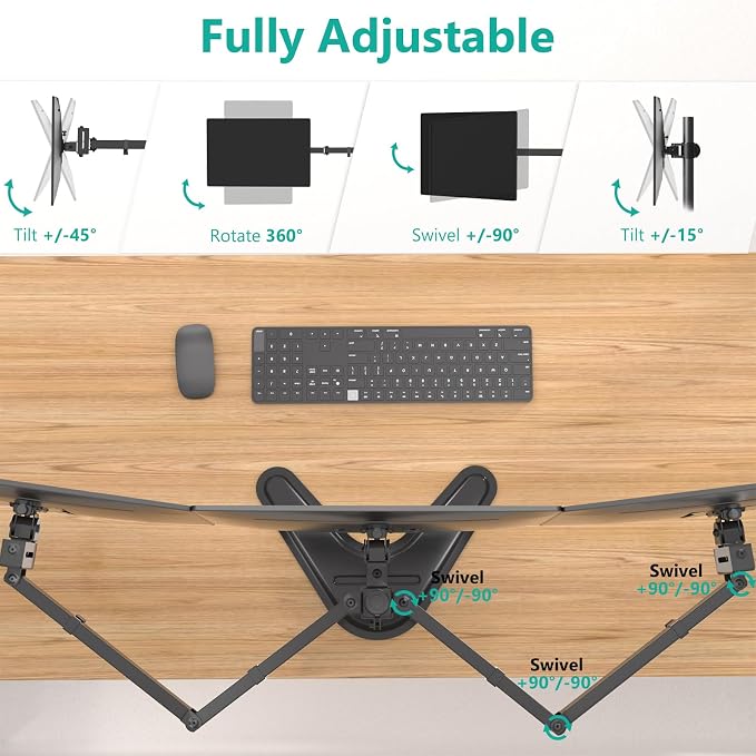 WALI Freestanding Triple Monitor Stand for 13-27 inch Screens，22lbs per Arm | Articulating 3 Monitor Desk Mount, Full Motion with Tilt, Swivel, Rotation, C-Clamp & Grommet Base, VESA 75/100mm (MF003N) - Image 5