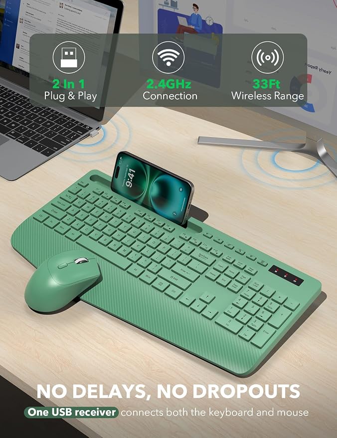 Wireless Keyboard and Mouse Combo - Full-Sized, Ergonomic Wrist Rest | Phone Holder, Sleep Mode, 2.4G Quiet Keyboard for PC Laptop, Trueque KM23 Complete Work Setup for Office or Home - Image 4