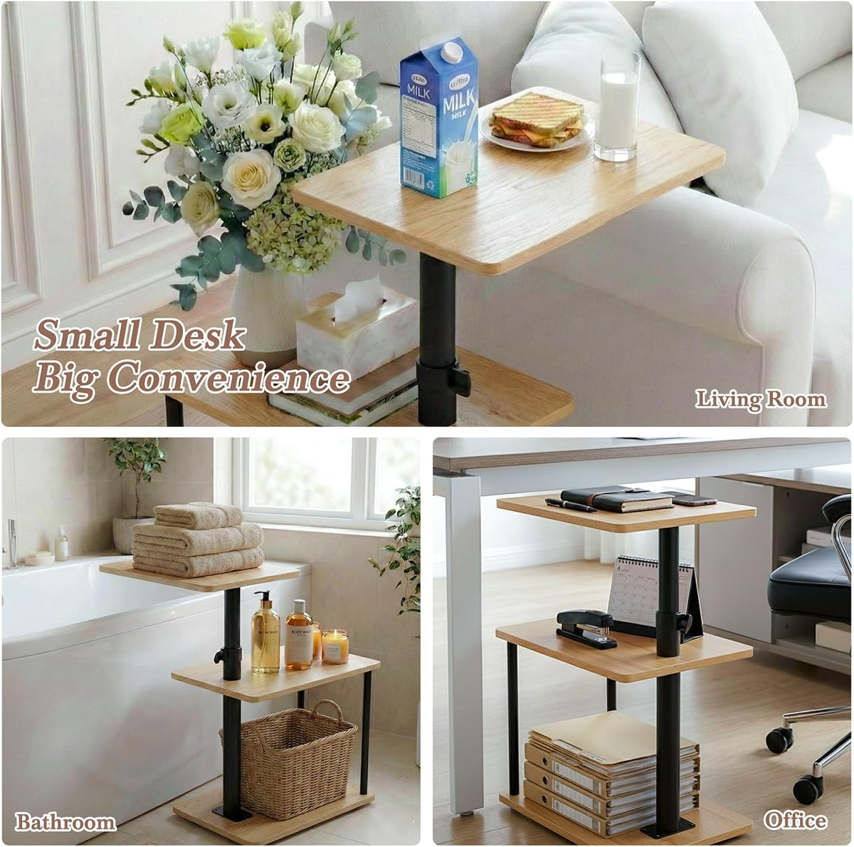 360° Swivel Side Table for Height Adjustable, C Shaped End Table for Couch with Storage, 3-Tier Night Stand with Open Shelf, Tv Tray for Small Spaces, Living Room, Bedroom, Oak - Image 5