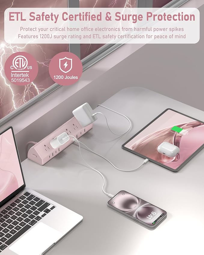 Jgstkcity Desk Clamp Power Strip USB C 45W,8 USB,10FT,Purple | Surge Protector 1200J,Fit 1.96'' Tabletop Edge Mount,1875W Extension Cord,15A Switch,ETL Listed,Office,Gaming,Dorm - Image 3