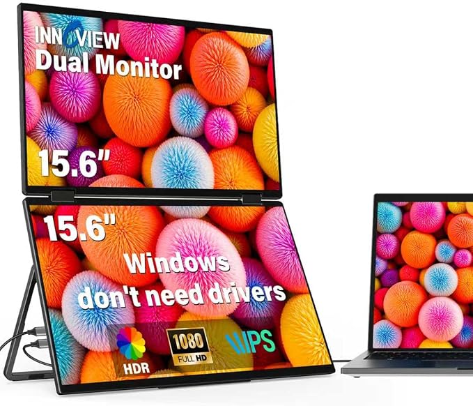 InnoView Dual Portable Monitor 15.6" 1920x1080 Dual Stacked Foldable Monitor | 315° Screen Adjustment | USB-C/HDMI Dual Screen Monitor for Laptop, Mac, Windows by InnoView